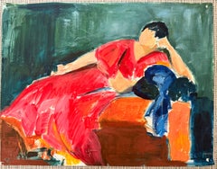 Elegante Dama Con Vestido Rojo Posada En Sofá Pintura al Óleo Interior Francesa