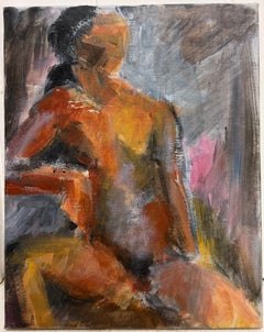 Expressive Female Figure Posed In Blue Grey Interior Modernist Oil Painting