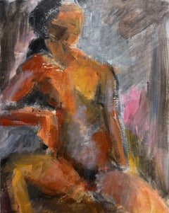 Expressive Female Figure Posed In Blue Grey Interior Modernist Oil Painting