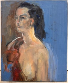 Expressive Nude Female with Black Hair & Blue Ground Modern French Oil Painting