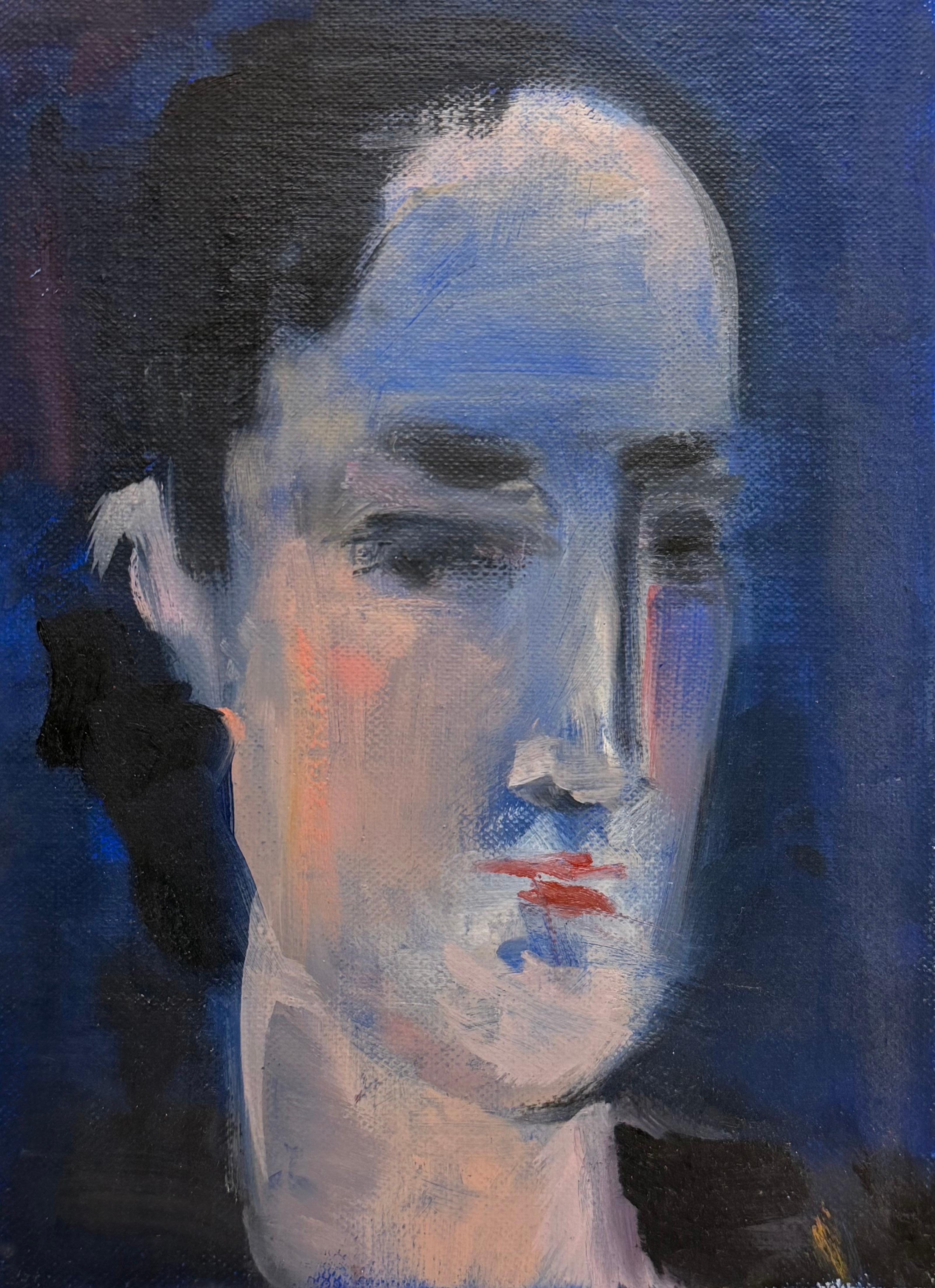 Expressive Portrait of a Male in Blue Tone In a Blue Tone Interior Oil Painting