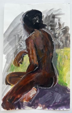 Pintura acrílica modernista de un desnudo femenino expresivo sentado, en un interior en tonos verde y gris