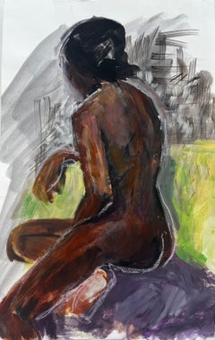 Pintura acrílica modernista de un desnudo femenino expresivo sentado, en un interior en tonos verde y gris