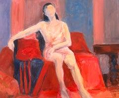 Female Black Hair Nude Posed on Red Sofa French Modernist Oil Painting