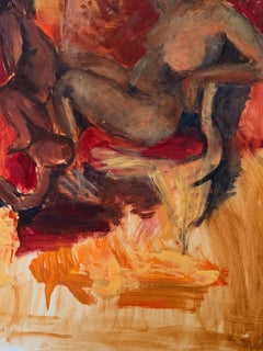 French Modernist Oil Painting Two Black Female Nude Figures In Orange Interior