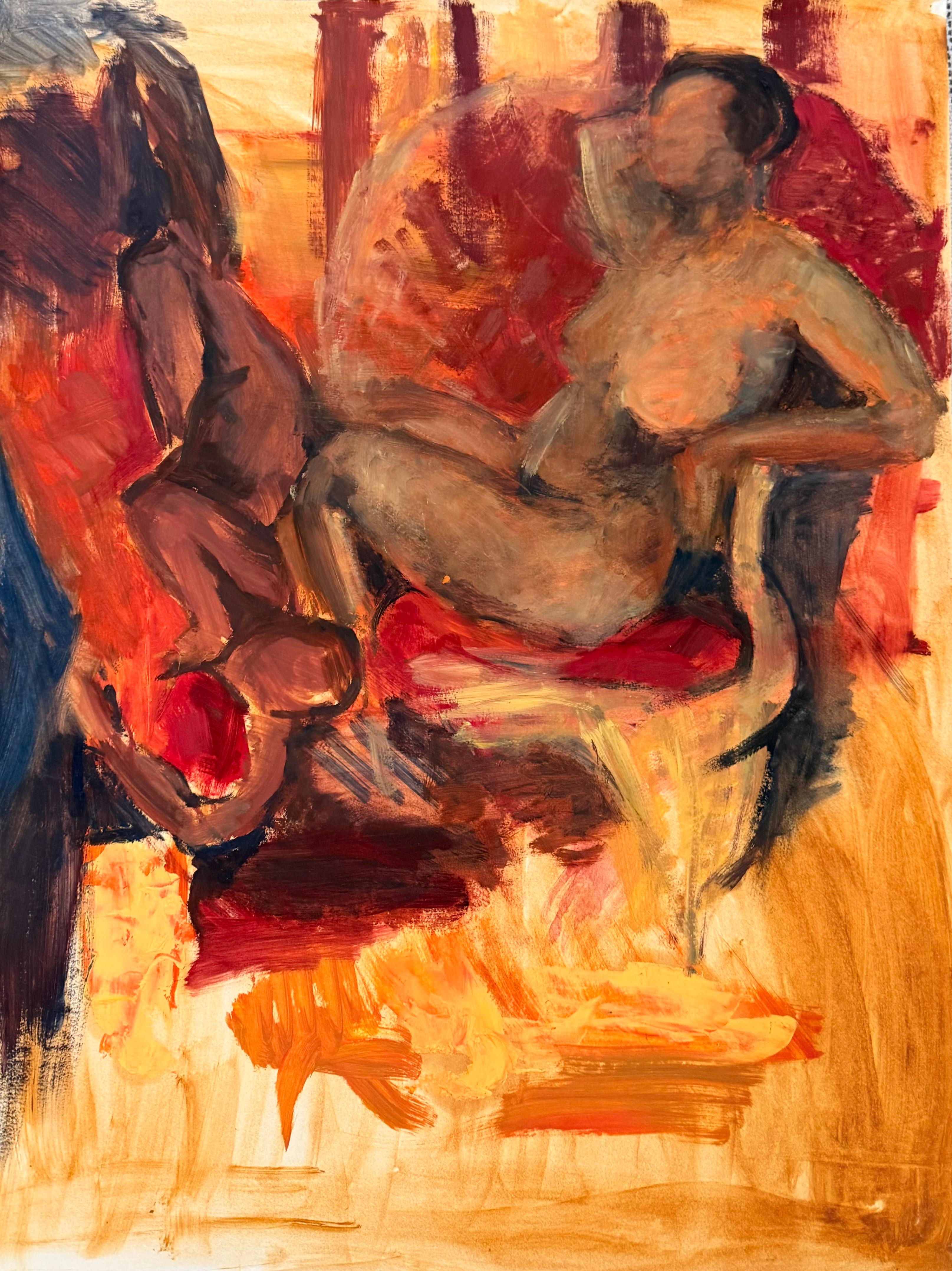 Französisch Modernist Ölgemälde Zwei schwarze weibliche Aktfiguren in Orange Interieur