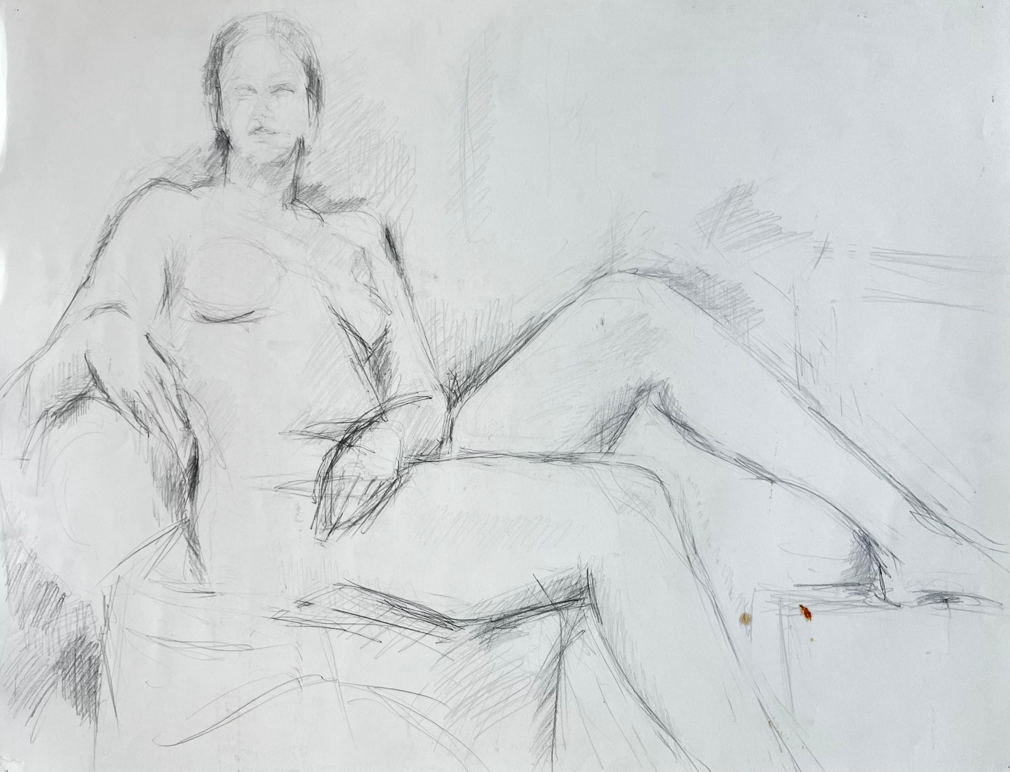 French Modernist Reclining Female Nude Pencil Life Drawing