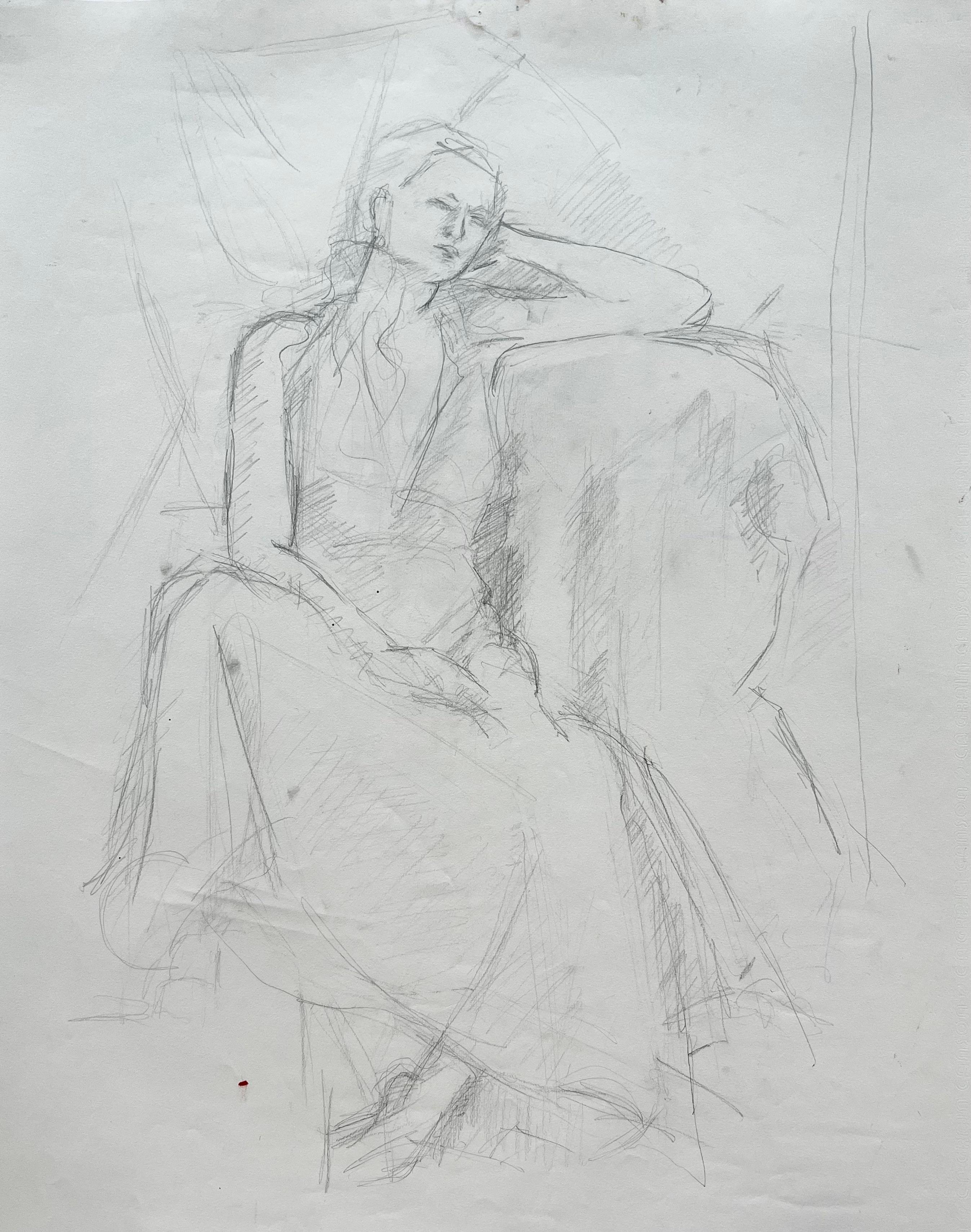 French Modernist Seated Female Figure Pencil Life Drawing