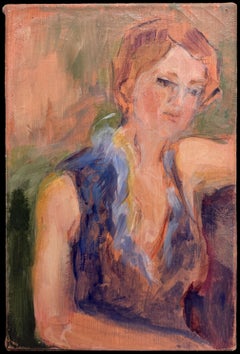 Retrato Femenino Pelirrojo Blusa Azul Pintura al Óleo Francesa Expresiva