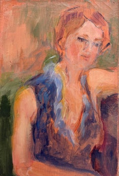 Retrato Femenino Pelirrojo Blusa Azul Pintura al Óleo Francesa Expresiva