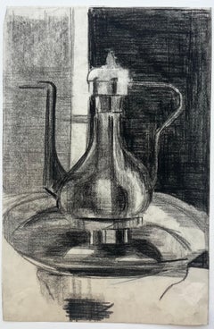 Disegno modernista francese di una natura morta con caffettiera di vetro su vassoio, color carbone