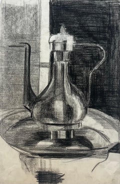Disegno modernista francese di una natura morta con caffettiera di vetro su vassoio, color carbone