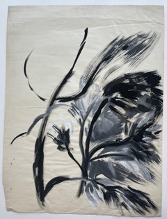 Peinture acrylique moderniste française représentant des formes botaniques abstraites en noir et blanc