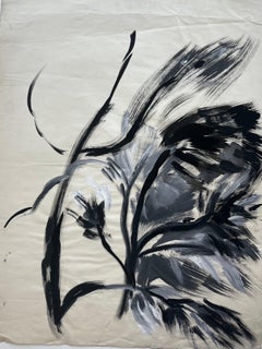Peinture acrylique moderniste française représentant des formes botaniques abstraites en noir et blanc