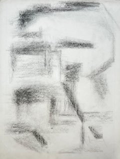 Monochrome Abstract Interior Forms French Modernist Charcoal Drawing