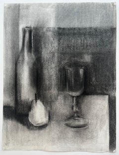 Monochrome Bottle and Wine Glass Still Life French Modernist Charcoal Drawing