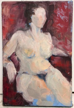 Nude Female Figure In Deep Red Room Interior French Modernist Oil Painting