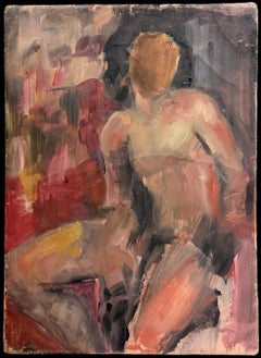 Nude Female Figure In Pink and Red Room French Modernist Oil Painting