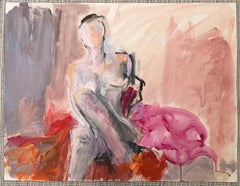Figura femminile nuda in posa in un interno rosa Pittura ad olio modernista francese