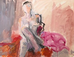 Peinture à l
huile moderniste française, figure féminine nue posée dans un intérieur rose