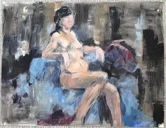 Nude Female Figure Posed on Blue Sofa in Cool Interior Room Oil Painting