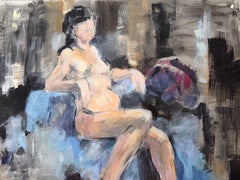Nude Female Figure Posed on Blue Sofa in Cool Interior Room Oil Painting