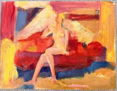 Nude Female Figure Posed on Red Sofa in Yellow Interior Oil Painting