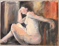 Figura femminile nuda in posa di profilo interno pittura ad olio francese