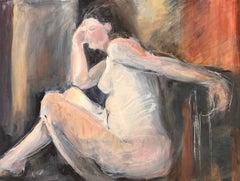 Figura femminile nuda in posa di profilo interno pittura ad olio francese