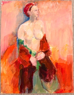 Nude Female In A Colourful Off The Shoulder Robe French Modernist Oil Painting