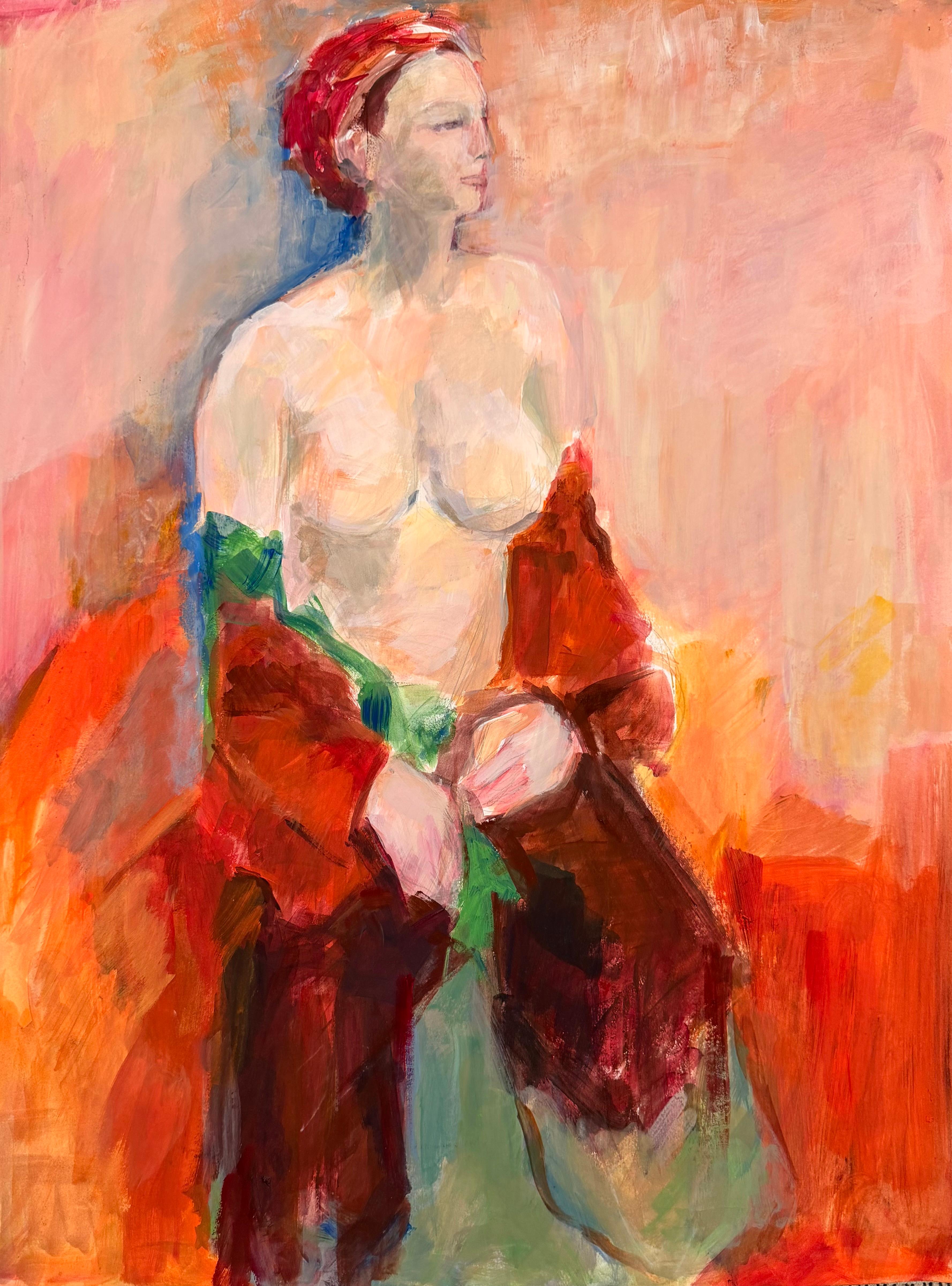 Figurative Painting di Jacqueline Boisselot - Donna nuda con un abito colorato fuori dalla spalla Pittura ad olio modernista francese