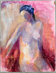 Nude Female In Purple Head Scarf In Pink Interior French Modernist Oil Painting