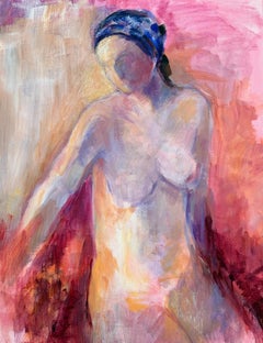 Nude Female In Purple Head Scarf In Pink Interior French Modernist Oil Painting