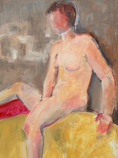 Nude Female Posed on Yellow Sofa 20th Century French Modernist Oil Painting