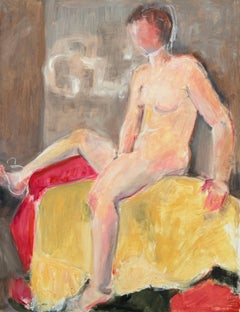 Nude Female Posed on Yellow Sofa 20th Century French Modernist Oil Painting