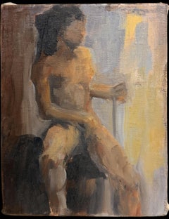 Nackte Figur in blauem, sonnenbeschienenem Raum Französisches modernistisches Ölgemälde