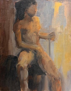 Nackte Figur in blauem, sonnenbeschienenem Raum Französisches modernistisches Ölgemälde