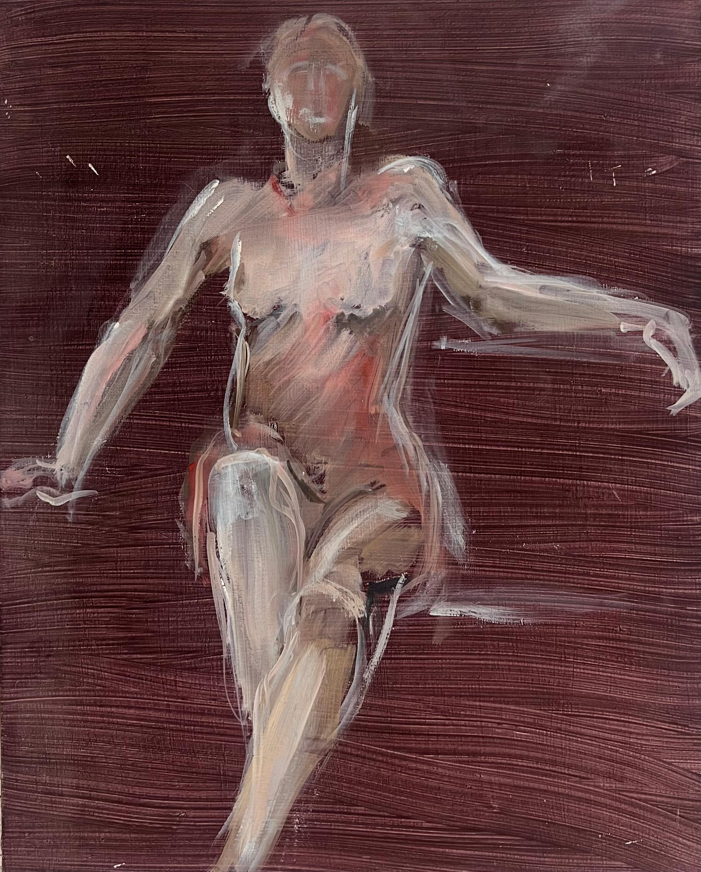 Jacqueline Boisselot Interior Painting - Nude Figure In Burgundy Background 20th Century French Modernist Oil Painting