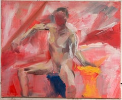 Nude Figure Posed In Pink Tone Room Interior French Modernist Oil Painting