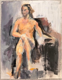 Nude Figure Posed On Black Arm Chair French Modernist Oil Painting