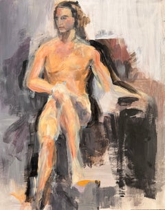 Nude Figure Posed On Black Arm Chair French Modernist Oil Painting