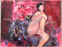 Nude Lady in Pink Floral Interior 20th Century French Modernist Oil Painting