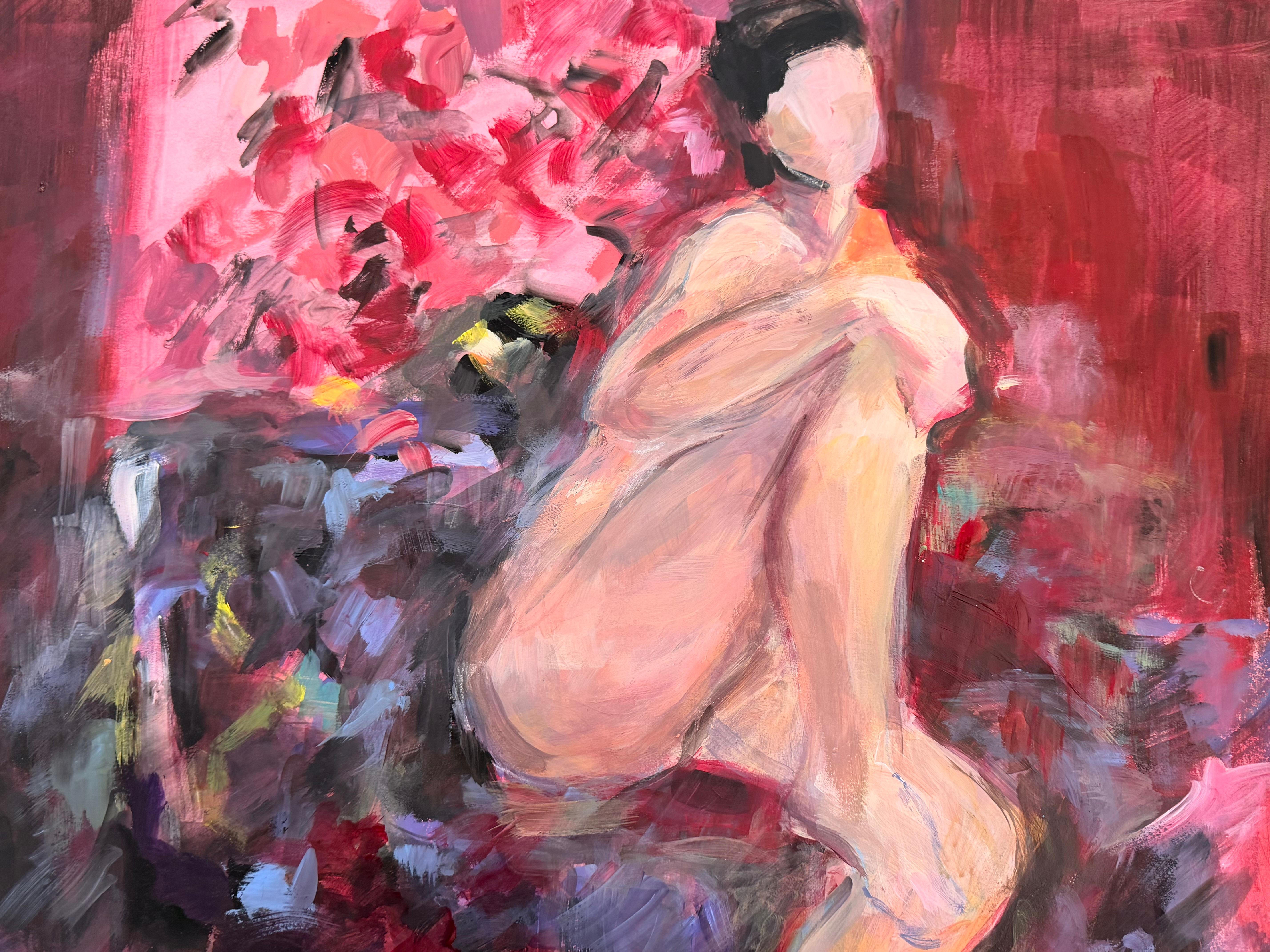 Nude Lady in Pink Floral Interior 20th Century French Modernist Oil Painting