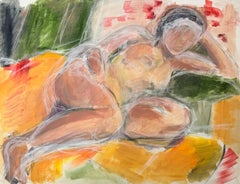 Peinture à l
huile moderniste française - Femme nue allongée sur le côté sur un canapé