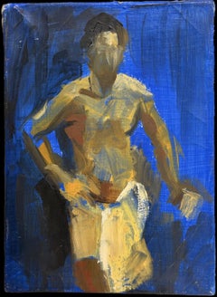 Figura maschile nuda in una stanza blu scuro Pittura a olio modernista francese