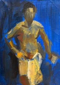 Figura maschile nuda in una stanza blu scuro Pittura a olio modernista francese