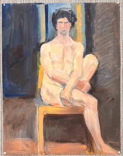 Nude Male Posed On Yellow Chair French Modernist Oil Painting