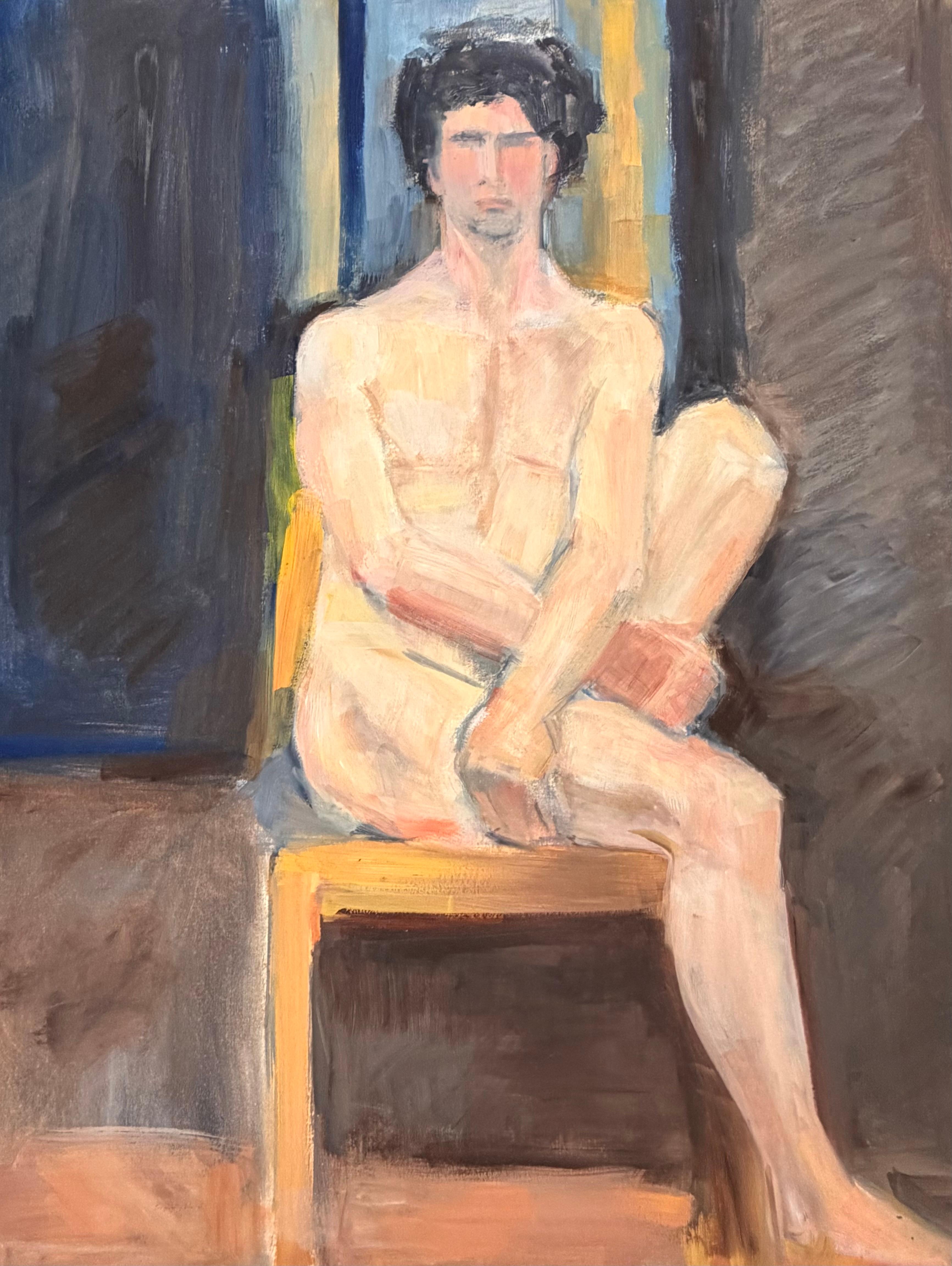 Nude Male Posed On Yellow Chair French Modernist Oil Painting