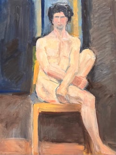 Nude Male Posed On Yellow Chair French Modernist Oil Painting