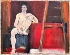 Nude Man Posed On Stall In Red Interior French Modernist Oil Painting